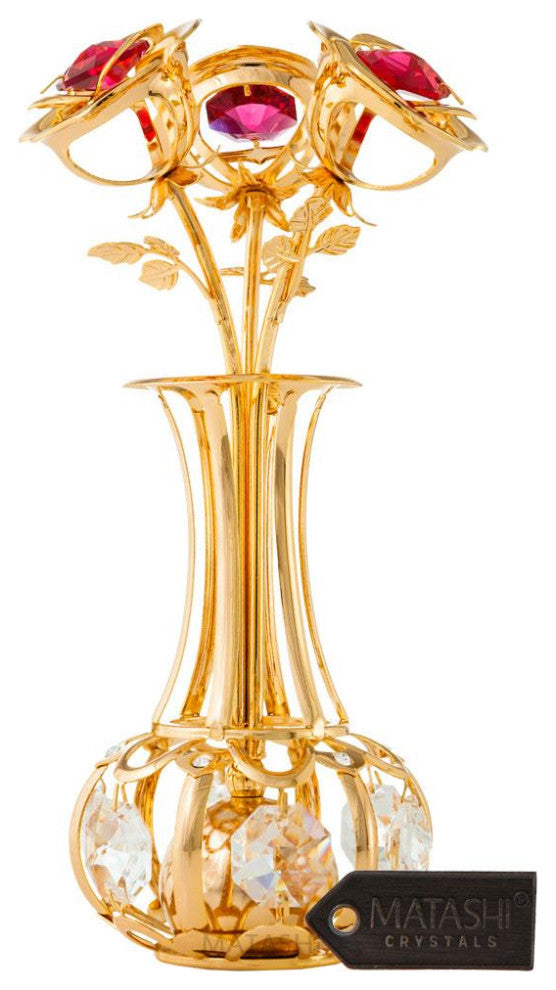 24k Gold Plated Flowers Bouquet and Vase w Red and Clear Crystals Home Decor