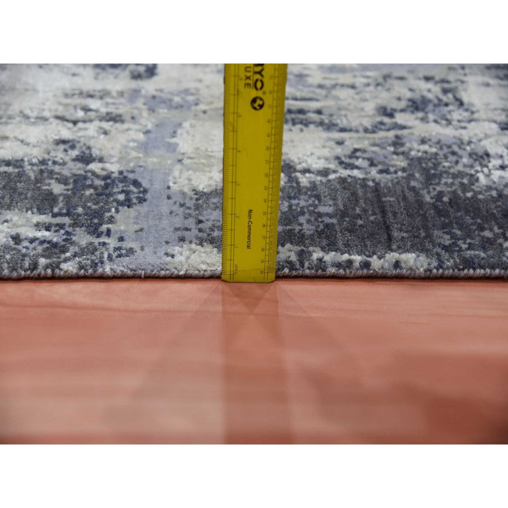 Gray Abstract Design, Wool and Silk, Hand Knotted Runner Rug, 2'6"x8'3"
