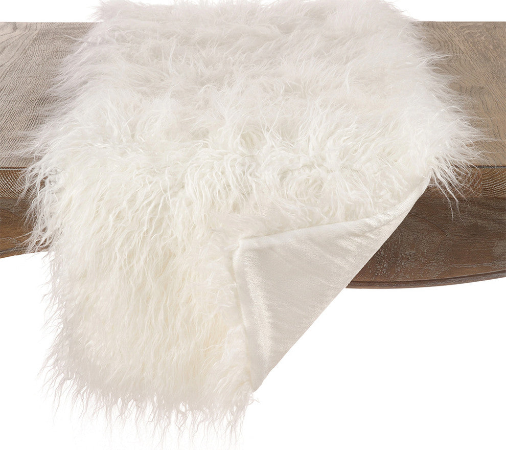 Decorative Mongolian Faux Fur Runner (16"x72" Oblong), Ivory