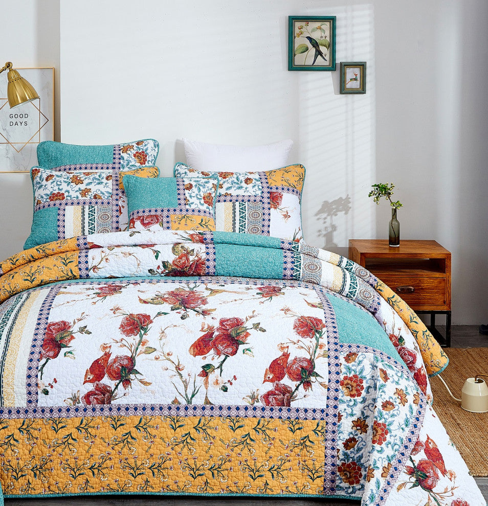 Cotton Pastel Blue Yellow Old World Hummingbirds Garden Patchwork Quilt, King