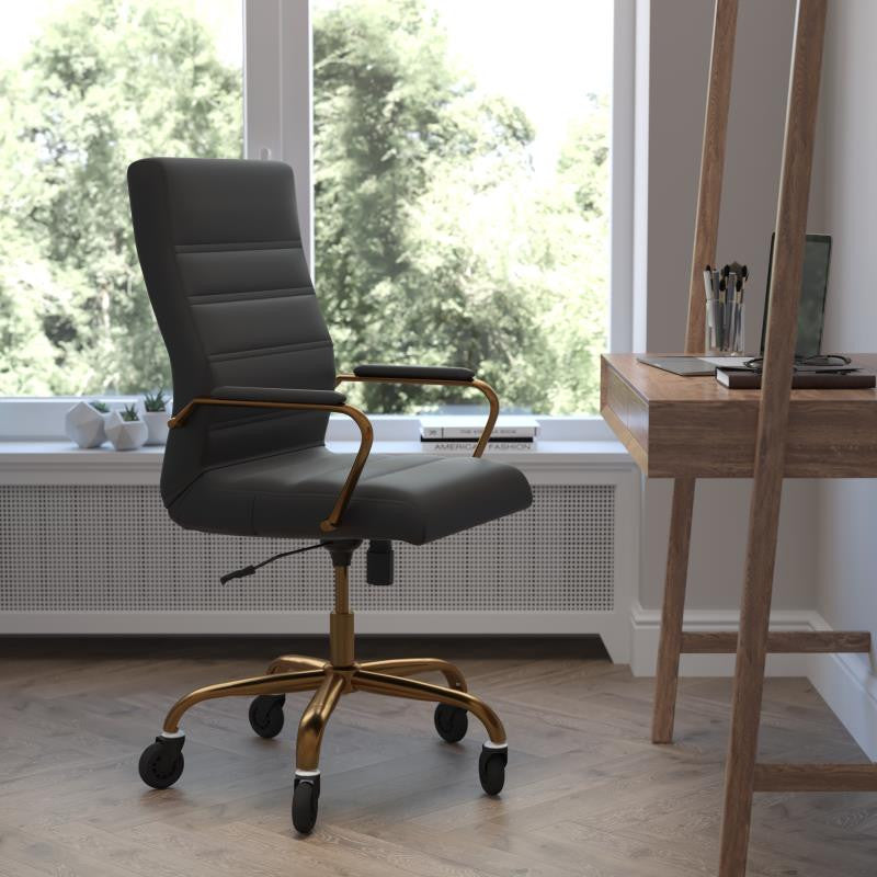 Whitney High Back Executive Swivel Office Chair with Black Frame & Arms, Black Leathersoft/Gold Frame