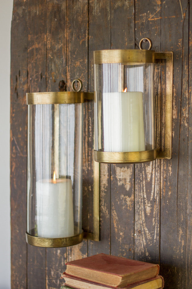Glass and Antique Brass Finished Wall Mounted Hurricane, Small