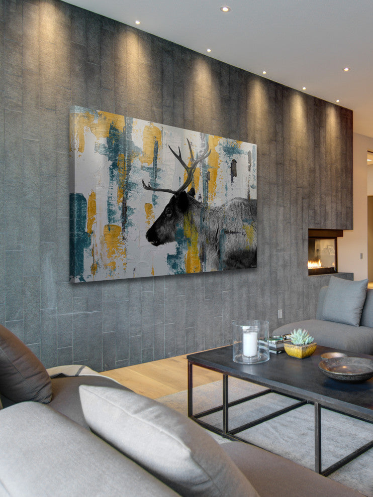 "Teal Yellow Reindeer" Painting Print on Wrapped Canvas, 18"x12"