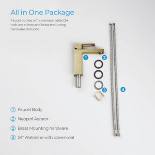 Cubic Single Hole Bathroom Faucet KBF1002, Brush Gold, with Drain