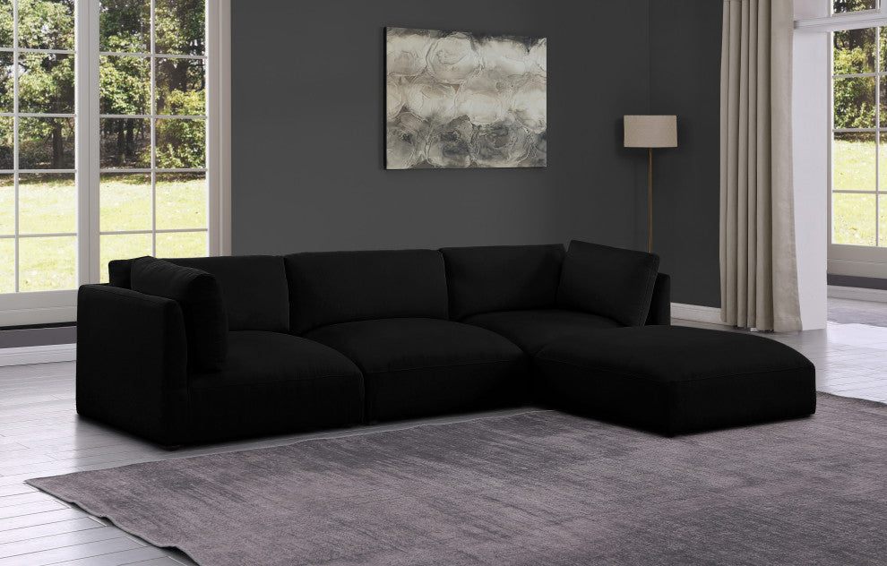 Ease Fabric Upholstered L-Shaped Modular Sectional, Black, 3 Piece: 2 Corner, 1 Armless, 1 Ottoman