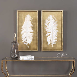 Uttermost White Feathers Gold Shadow Box Wall Art, Set of 2