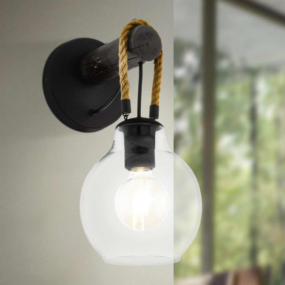 Rodding, 1 Light Wall Sconce, Structured  Black, Brown Roping/Clear Glass