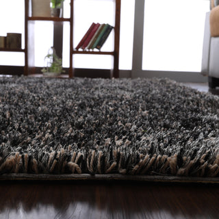 HAND TUFTED SHAG POLYESTER ECO-FRIENDLY AREA RUGS, Black Silver Color, Solid