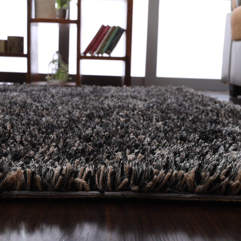 HAND TUFTED SHAG POLYESTER ECO-FRIENDLY AREA RUGS, Black Silver Color, Solid