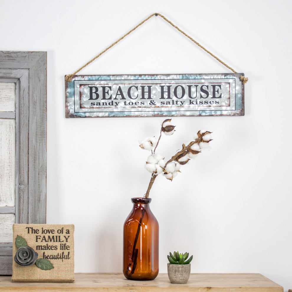 American Art Decor Beach House Galvanized Metal Vintage Hanging Sign With Rope