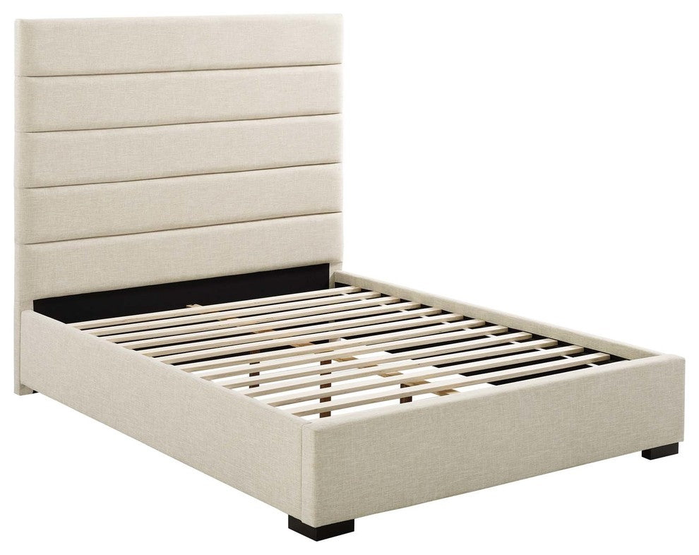 Genevieve Queen Upholstered Fabric Platform Bed, Beige