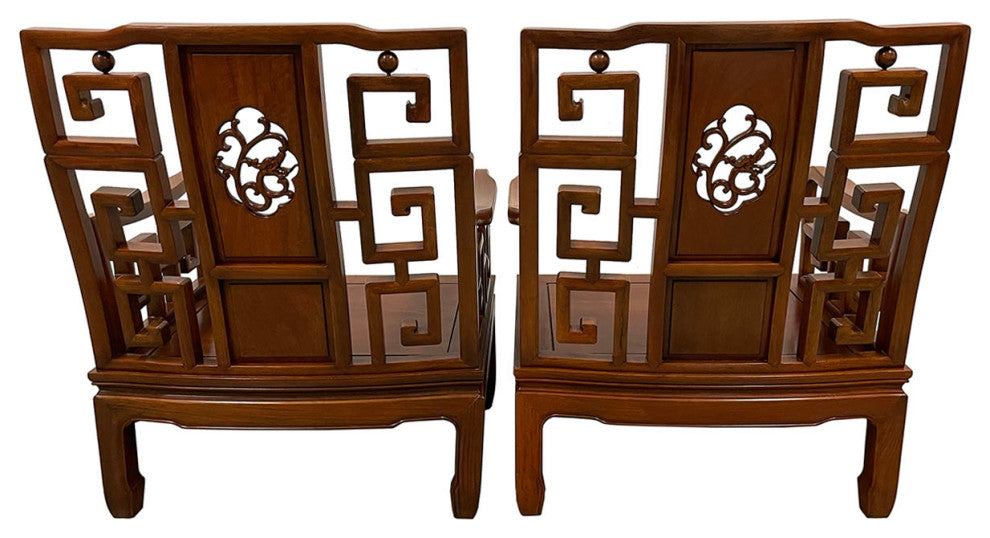 Consigned Vintage Chinese Rosewood Carved Living Room Chair - a Pair