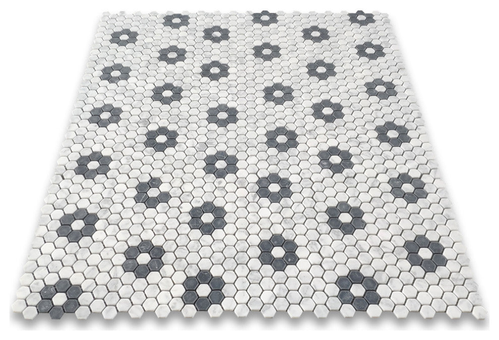 Carrara White Marble Rosette Hexagon NonSlip Floor Mosaic Tile Tumbled, 1 sheet