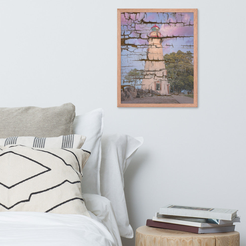 Faux Wood Texture Marblehead Lighthouse at Sunset Framed Photo Wall Art Print, Red Oak, 16" X 20"