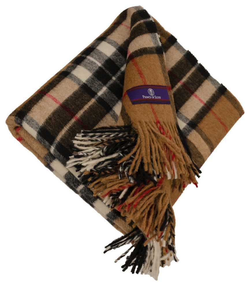 Prince of Scots Highland Tartan Tweed Merino Wool Throw, Camel Thompson