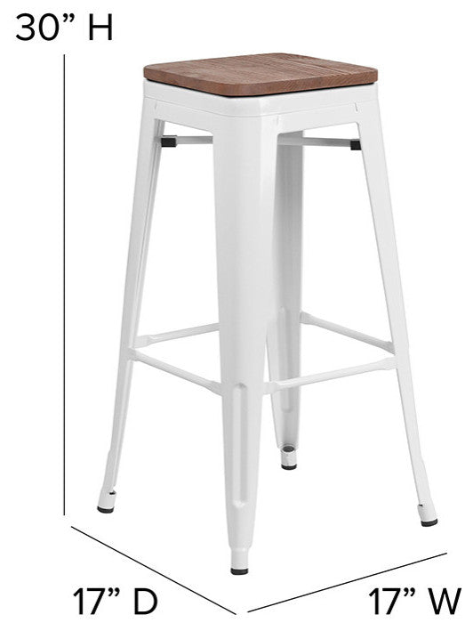 30" High Backless White Metal Barstool With Square Wood Seat