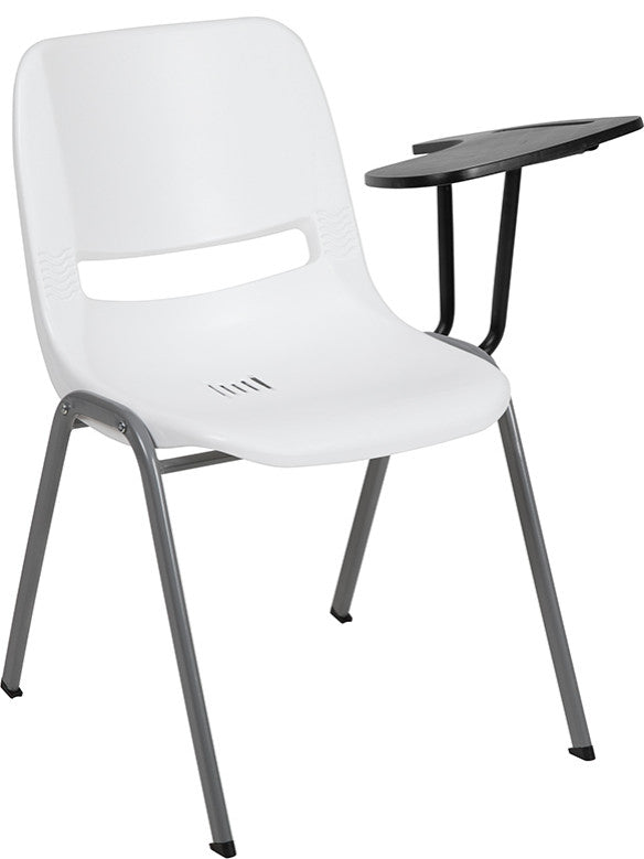Ergonomic Shell Chair With Right Handed Flip-Up Tablet Arm, White/Left