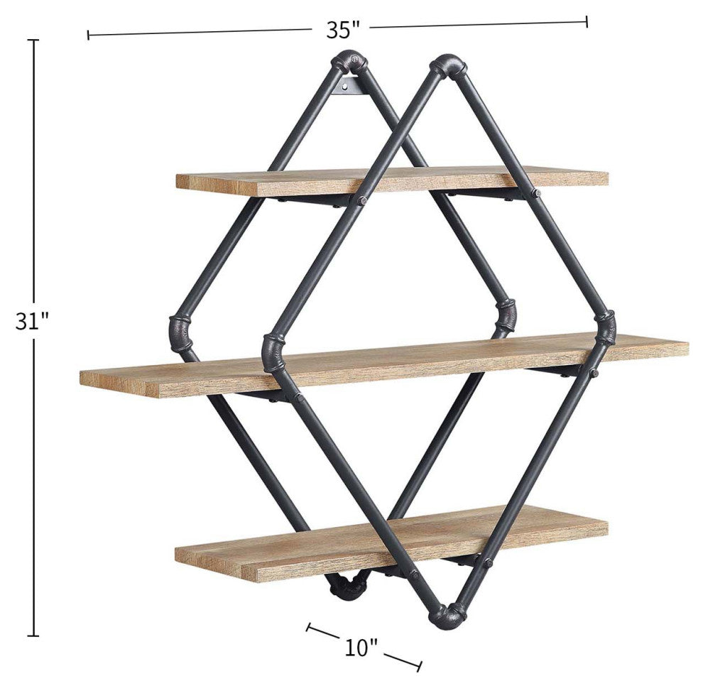 3 Tier Oak Wood Rhombic Floating Shelf With Metal Tube, Sandy Black