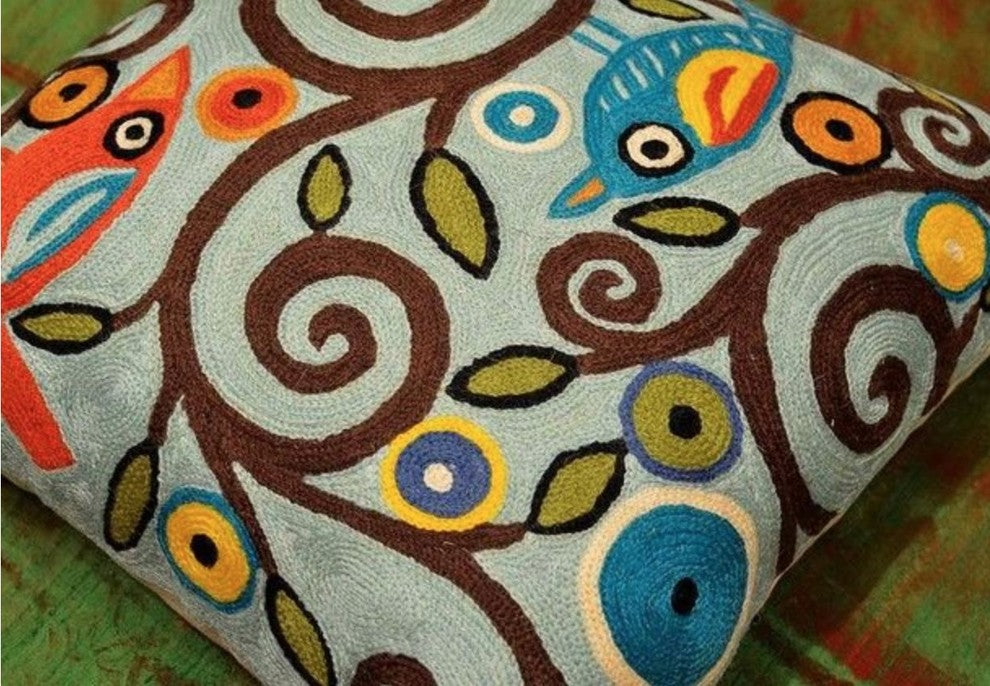 Branch Birds Karla Gerard Decorative Pillow Cover Handembroidered Wool 18x18"
