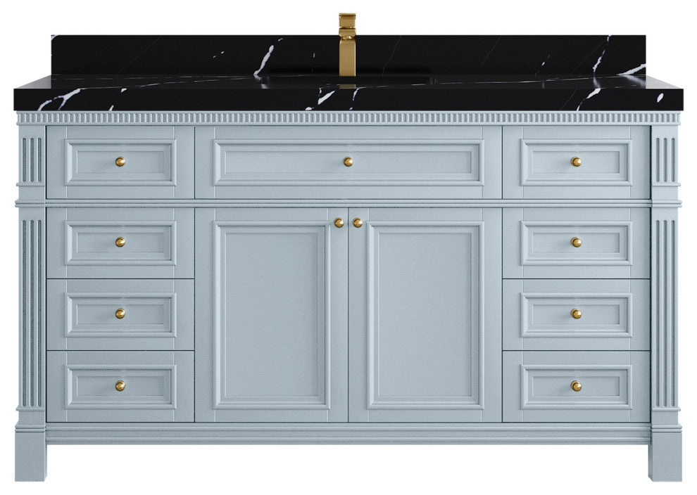 Paris 60" Single Sink Bathroom Vanity, Blue Heather 2" Calacatta Black