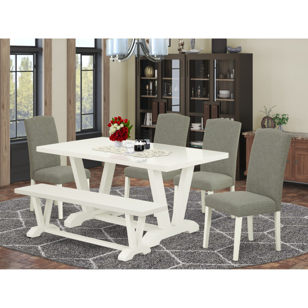 6-Piece Table Dining Set, Dark Shitake Chairs, Bench and Top Table, Linen White
