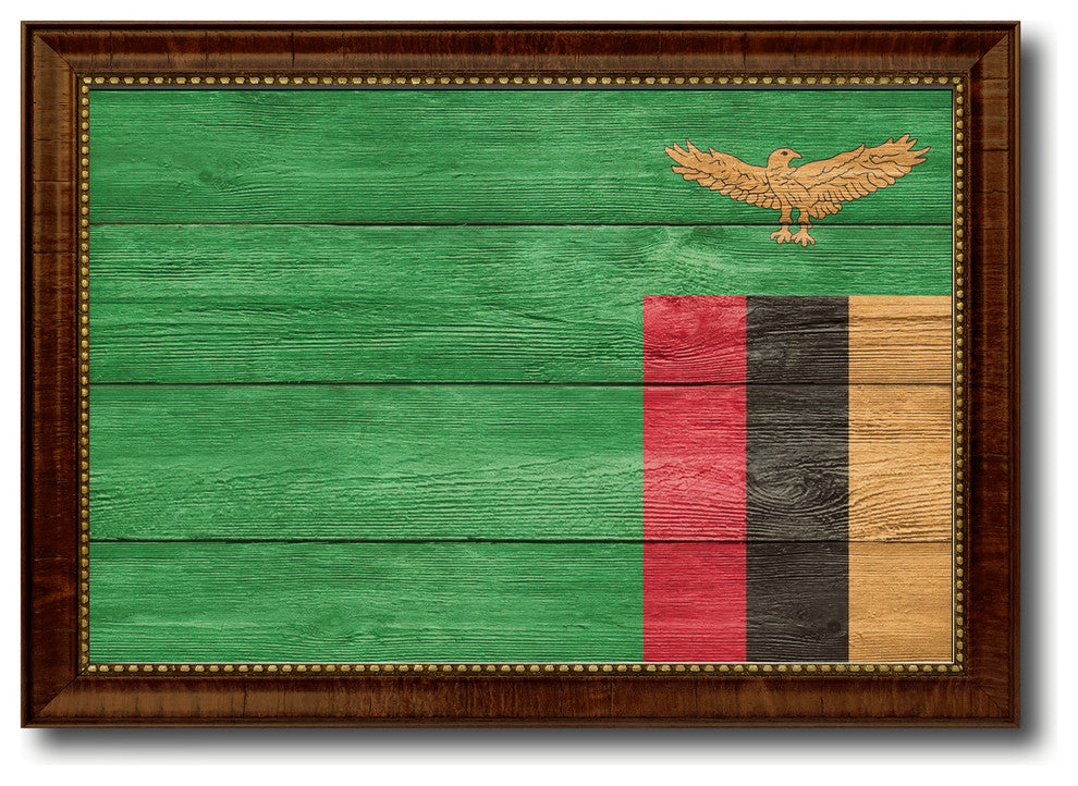 Zambia Country Textured Flag Print With Brown Gold Frame, 23"X33"