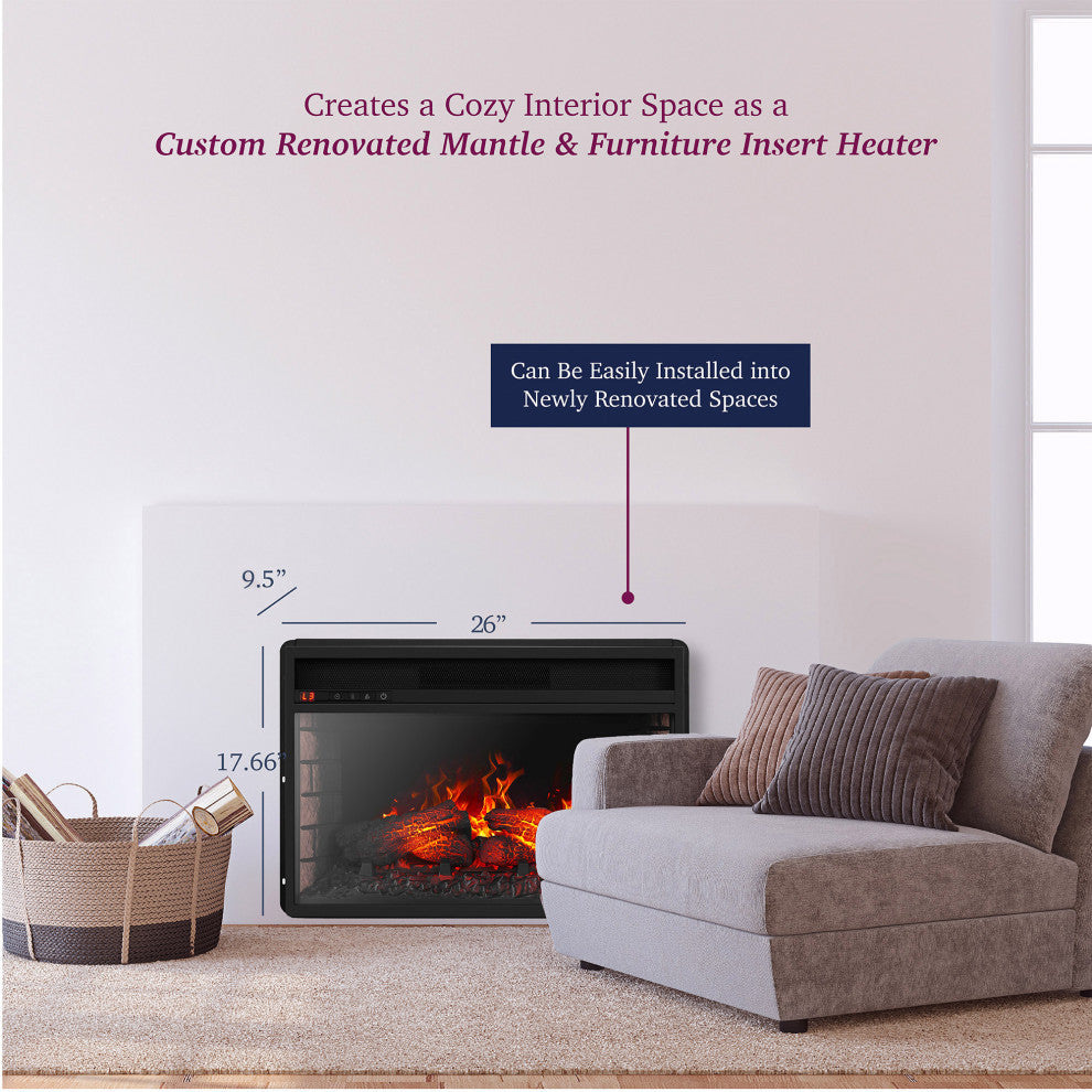 26" Electric Insert Fireplace Heater Timer Flame with Remote, Black