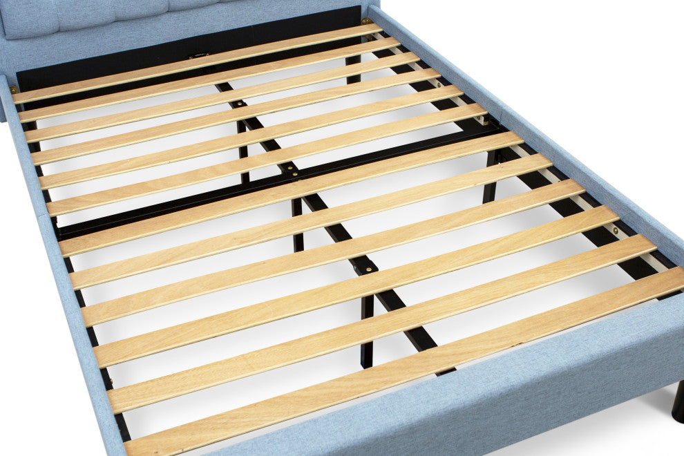 Platform Full Bed Frame Denim Blue Upholestered Bed Headboard,Black Legs
