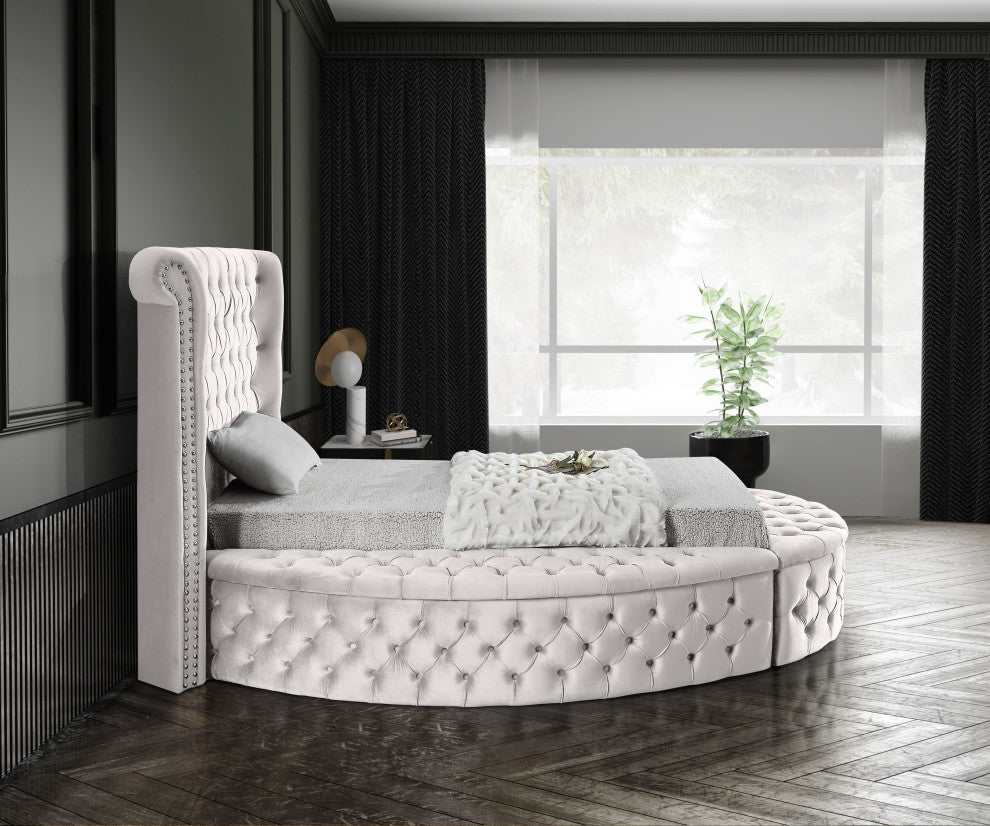 Luxus Button Tufted Velvet Round Bed, Cream, Twin