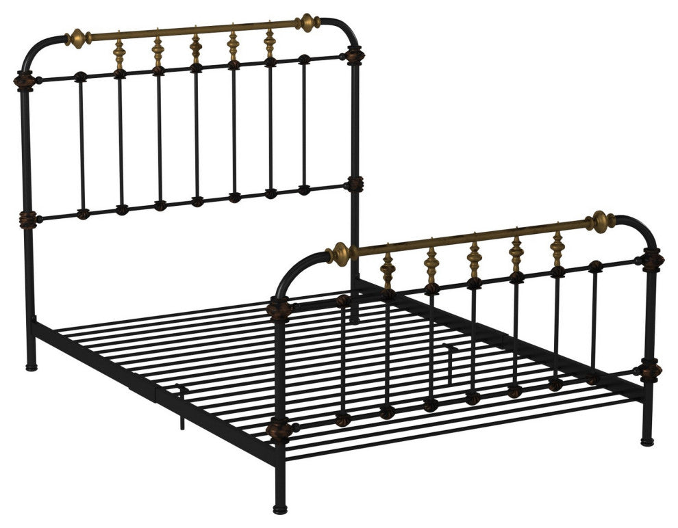 Benzara BM131756 Transitional Queen Metal Bed, Black and Gold