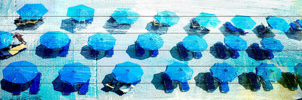 "Umbrellas Blue" Painting Print on White Wood, 60"x20"