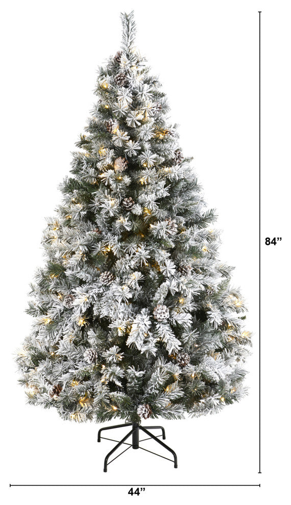 6' Flocked White River Mountain Pine Faux Xmas Tree W/Pinecones & Clear Lights