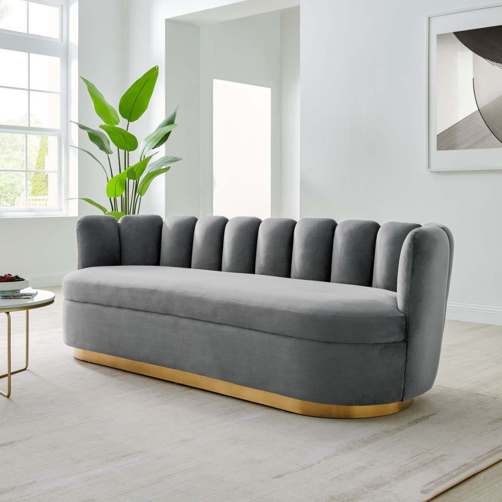 Tufted Sofa, Gray, Velvet, Modern, Mid Century Hotel Lounge Cafe Lobby