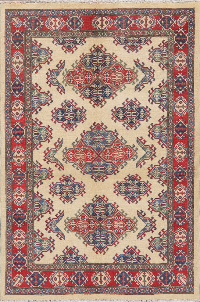 Hand-Knotted Kazak Oriental Traditional Pakistani Area Rug, Beige, 5'11"x4'0