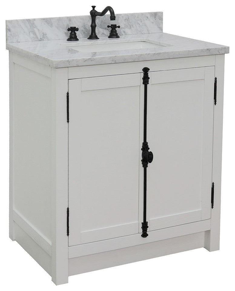 30" Single Vanity, Glacier Ash, White Carrara Top, Rectangle Sink