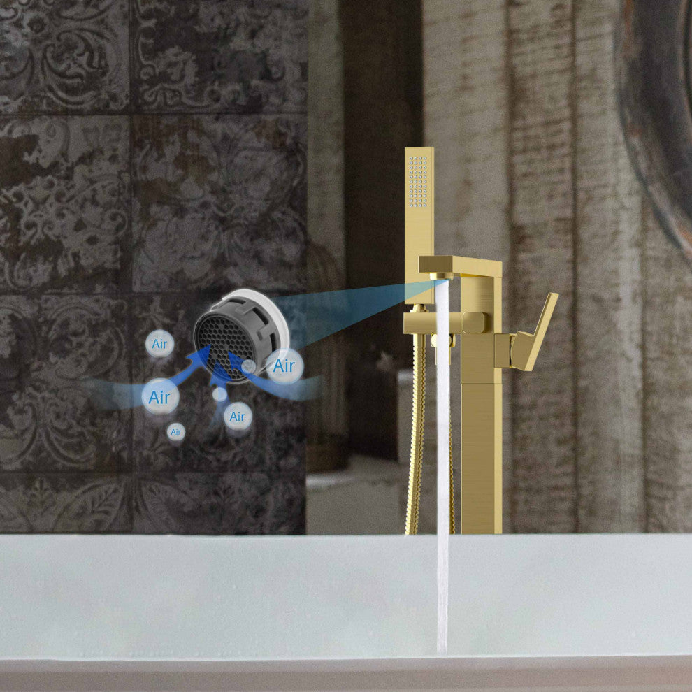 Cube Single Handle Floor Mount Tub Filler With Hand Shower, Brushed Gold