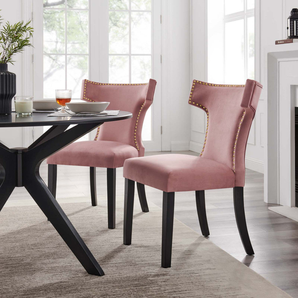 Curve Performance Velvet Dining Chairs, Set of 2, Dusty Rose