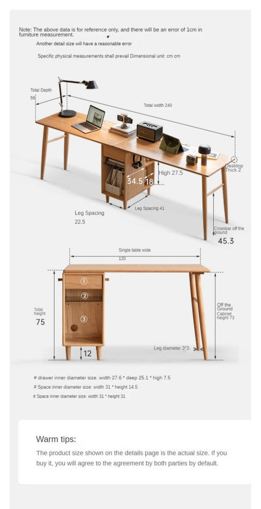 Oak Solid Wood Office Desk, Natural Wood, 35.4x22x29.5", + Cabinet
