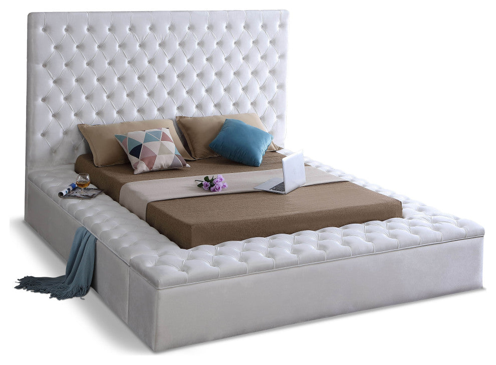 Bliss Velvet Upholstered  Bed, White, King