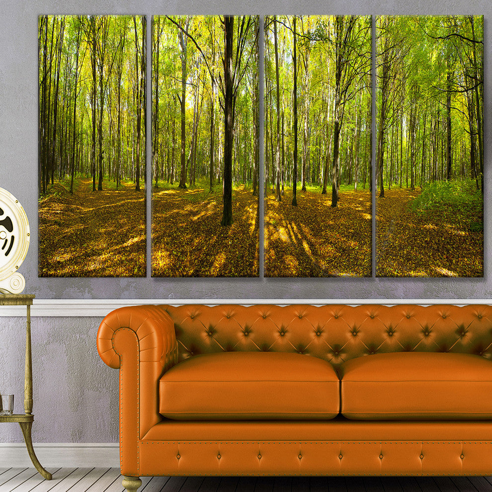 Green Autumn Forest Panorama, Landscape Canvas Art Print, 48"x28", 4 Panels