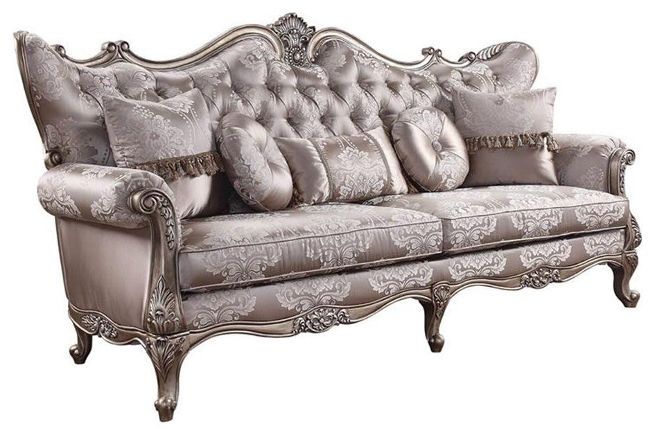 ACME Jayceon Fabric Tufted Sofa with 5 Pillows in Champagne Beige