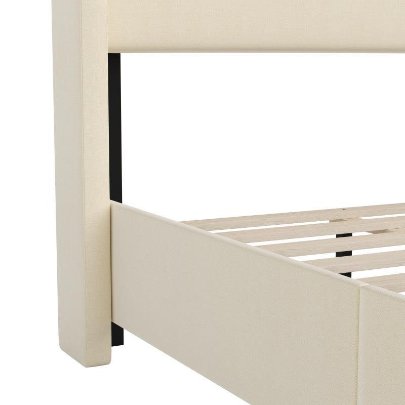 Quinn Upholstered Platform Bed with Channel Stitched Wingback Headboard, Beige, Twin