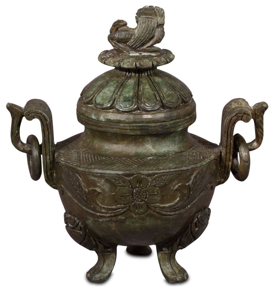 Hand Carved Chinese Jade Incense Burner with Foo Dog Motif Lid