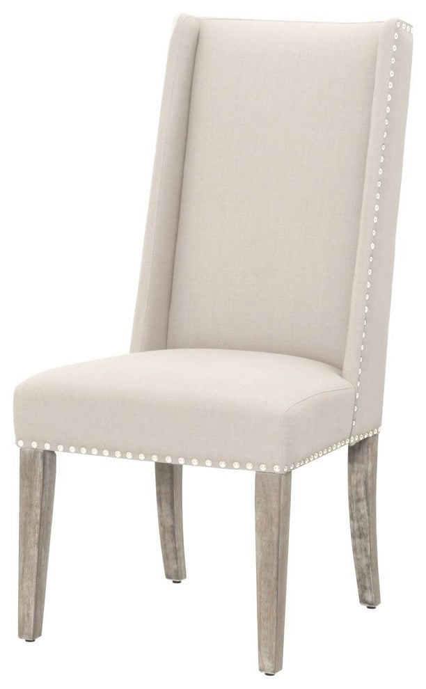 Acacia Wood Linen Upholstered Dining Chair, Gray, Set of Two