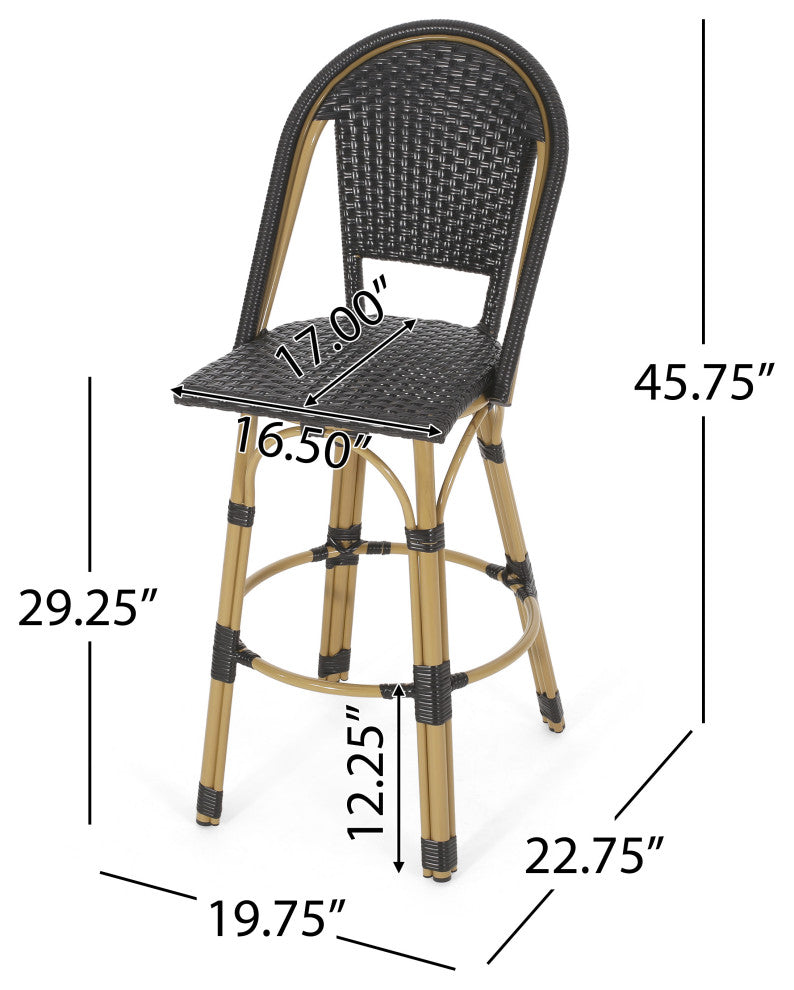 Cotterell Outdoor French Wicker and Aluminum 29.5" Barstools, Set of 2, Black/Bamboo Finish
