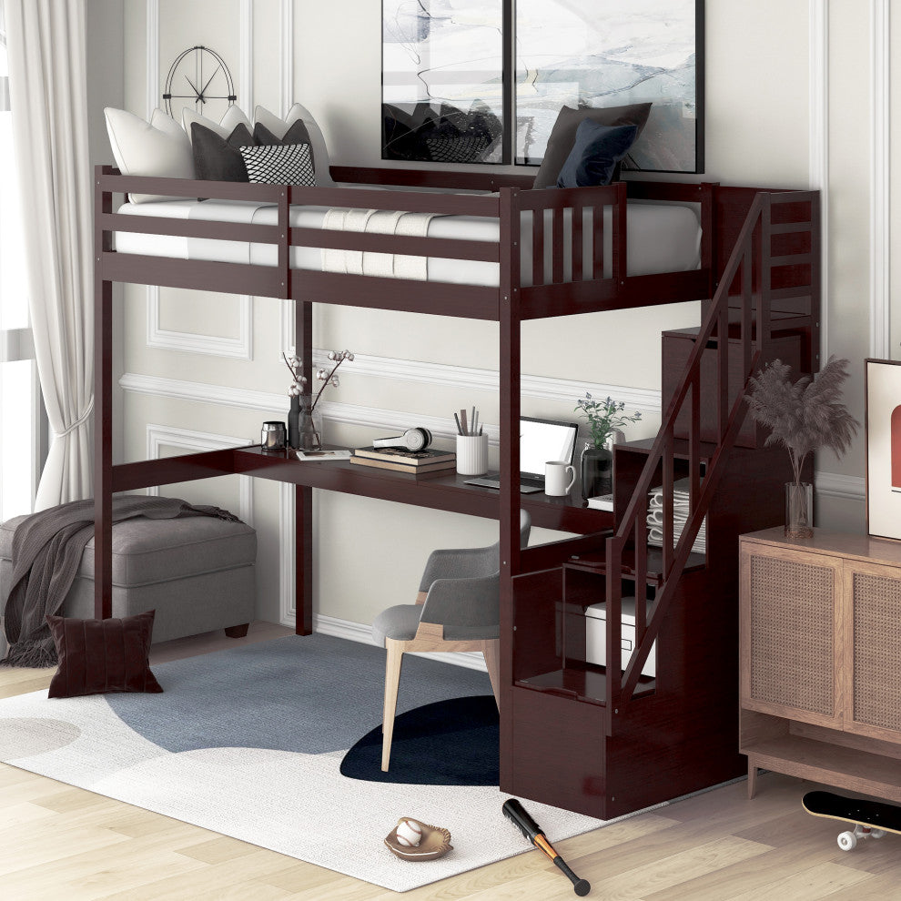 Gewnee Twin Size Loft Bed with Staircase and Built-in Desk in Espresso