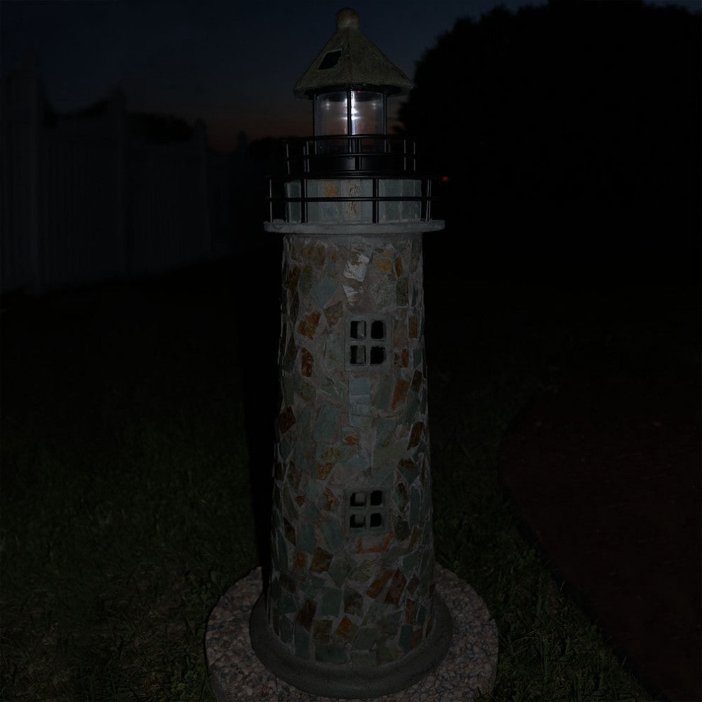 Sunnydaze Outdoor Garden Solar LED Cobblestone Lighthouse Statue Decor, 35"