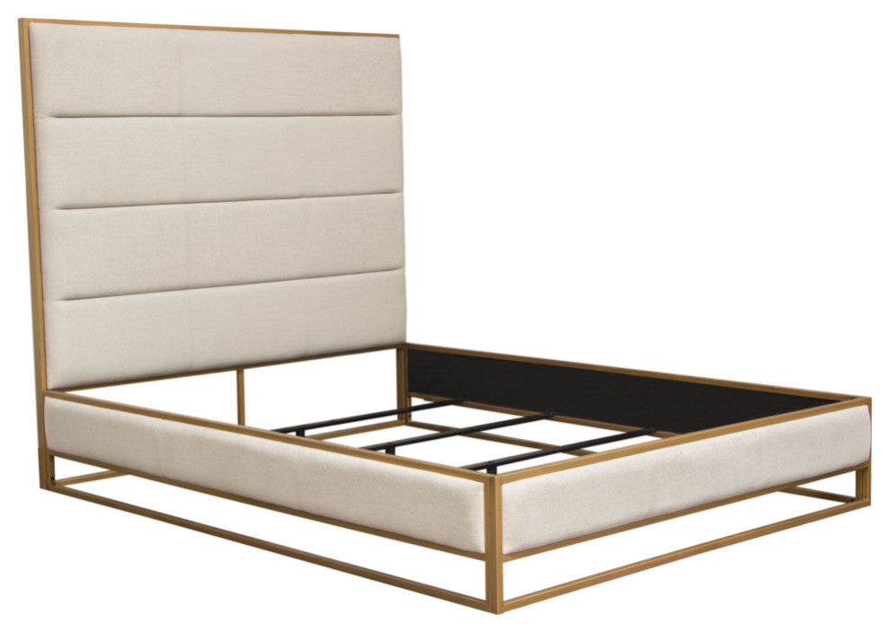 Empire Eastern King Bed, Sand Fabric With Hand brushed Gold Metal Frame