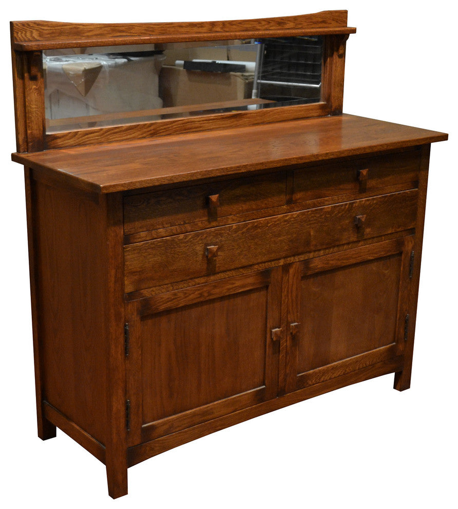 Mission Solid Oak Sideboard Buffet With Back Mirror