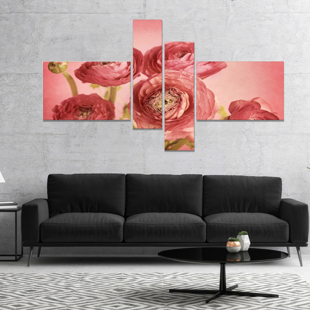 Bunch of Ranunculus Flowers on Pink, Floral Canvas Art Print, 60"x32", 4 panels